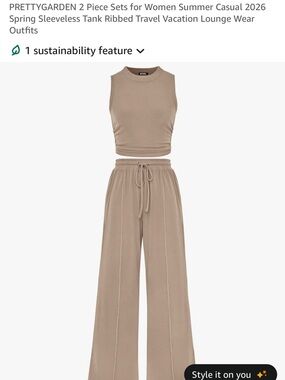 Sleeveless Ribbed Crop & Drawstring Wide-Leg Pants Set — Taupe